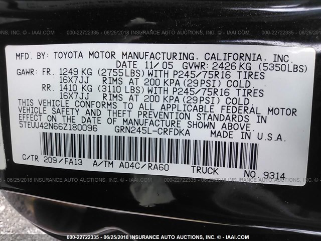 5TEUU42N66Z180096 - 2006 TOYOTA TACOMA ACCESS CAB Schwarz Foto 9