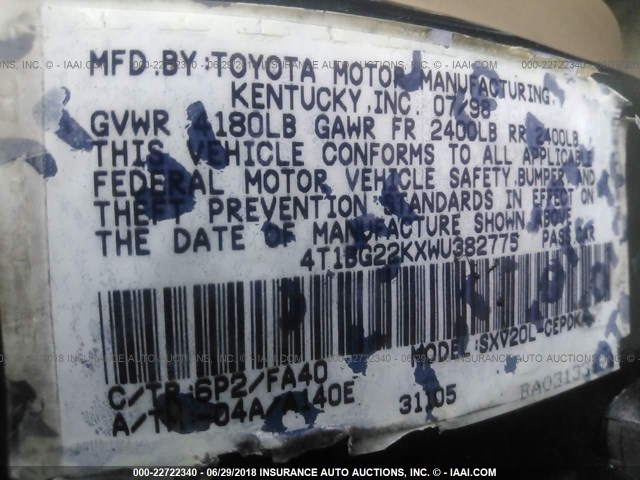 4T1BG22KXWU382775 - 1998 TOYOTA CAMRY CE/LE/XLE 绿色 照片 9