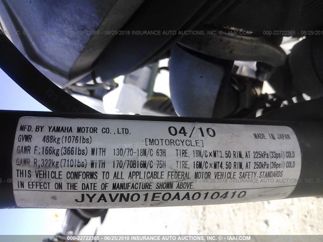 JYAVN01E0AA010410 - 2010 YAMAHA XVS950 A GRAY photo 10