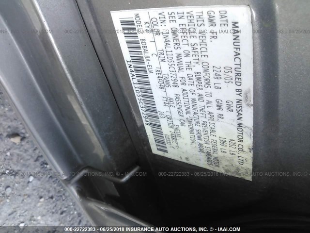 1N4AL11D55C372948 - 2005 NISSAN ALTIMA S/SL SILVER photo 9