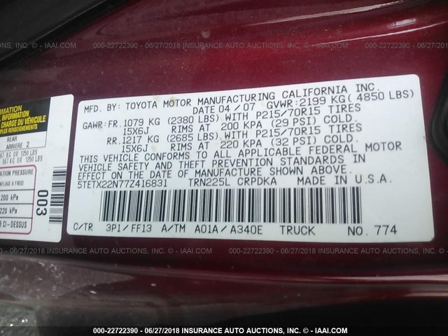 5TETX22N77Z416831 - 2007 TOYOTA TACOMA ACCESS CAB Rot Foto 9