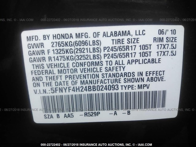 5FNYF4H24BB024093 - 2011 HONDA PILOT LX MAROON photo 9