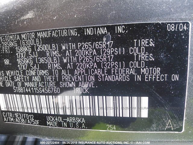 5TBBT44115S456760 - 2005 TOYOTA TUNDRA ACCESS CAB SR5 GRAY photo 9