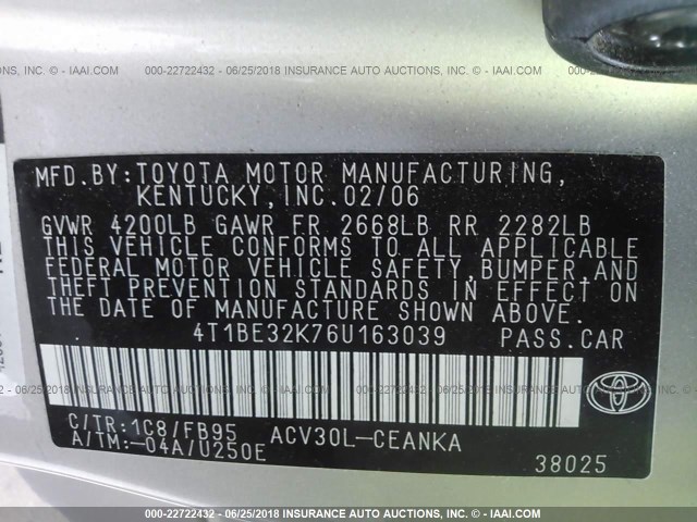 4T1BE32K76U163039 - 2006 TOYOTA CAMRY LE/XLE/SE 银色 照片 9