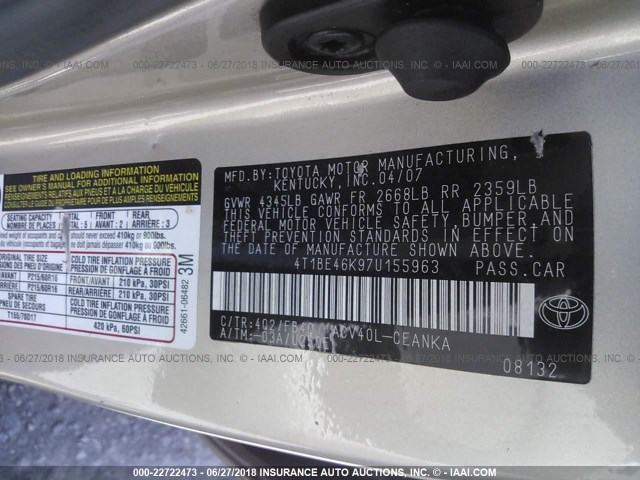 4T1BE46K97U155963 - 2007 TOYOTA CAMRY NEW GENERAT CE/LE/XLE/SE SILVER photo 9