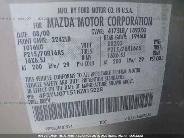 4F2YU07151KM15228 - 2001 MAZDA TRIBUTE DX 香槟色 照片 9