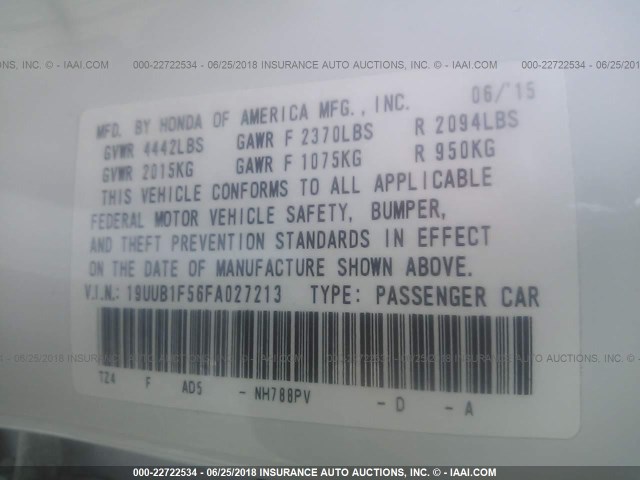 19UUB1F56FA027213 - 2015 ACURA TLX TECH WHITE photo 9