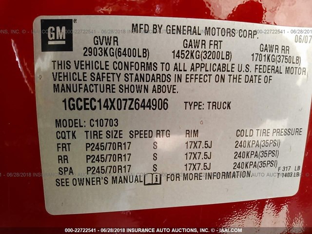 1GCEC14X07Z644906 - 2007 CHEVROLET SILVERADO C1500 CLASSIC RED photo 9