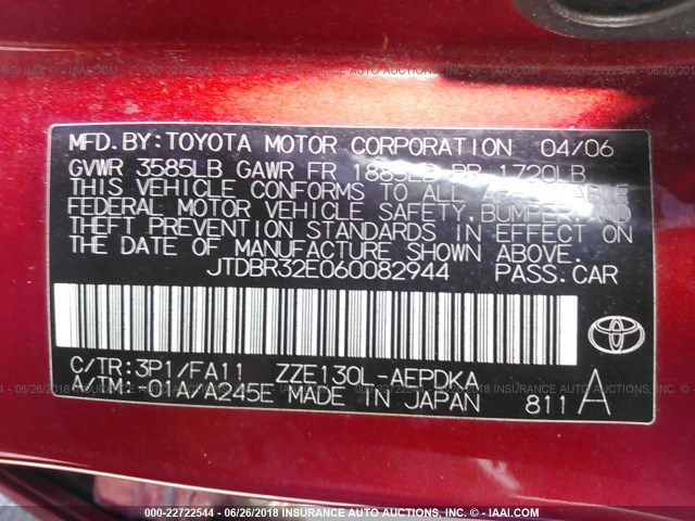 JTDBR32E060082944 - 2006 TOYOTA COROLLA CE/LE RED photo 9