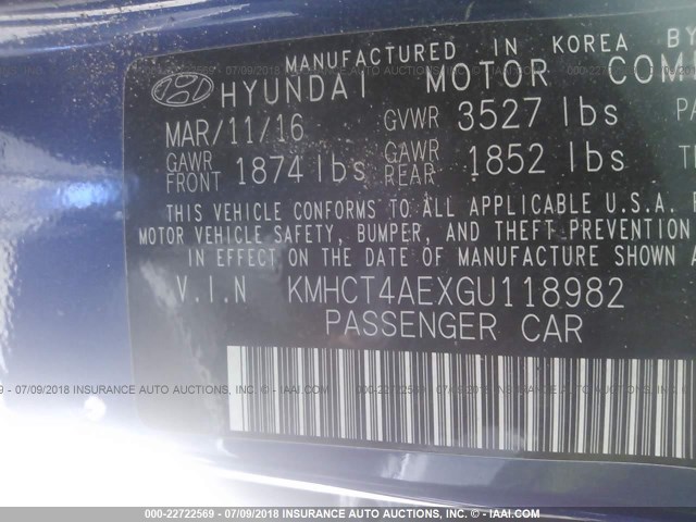 KMHCT4AEXGU118982 - 2016 HYUNDAI ACCENT SE BLUE photo 9