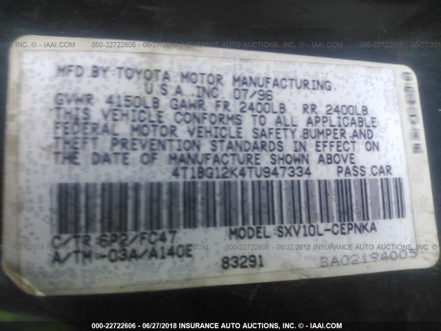 4T1BG12K4TU947334 - 1996 TOYOTA CAMRY DX/LE/XLE GREEN photo 9