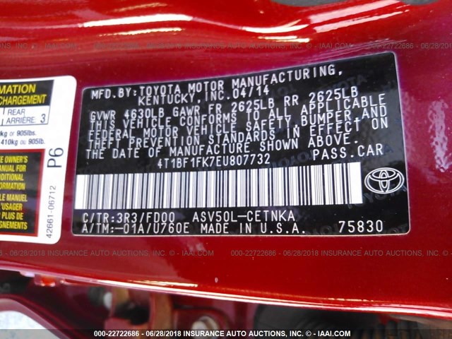 4T1BF1FK7EU807732 - 2014 TOYOTA CAMRY L/SE/LE/XLE RED photo 9