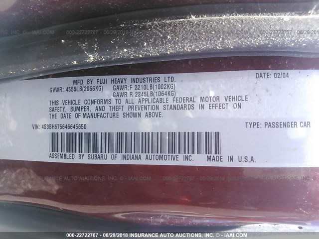 4S3BH675646645650 - 2004 SUBARU LEGACY OUTBACK AWP 勃艮第红 照片 9