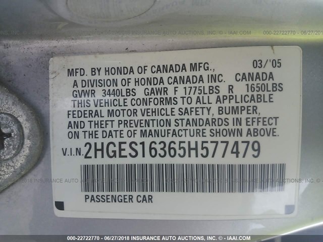 2HGES16365H577479 - 2005 HONDA CIVIC DX VP 银色 照片 9