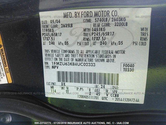 1FMZU63K84UC02333 - 2004 FORD EXPLORER XLT/XLT SPORT/NBX 蓝色 照片 9