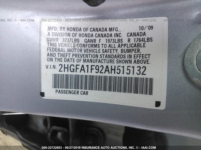 2HGFA1F92AH515132 - 2010 HONDA CIVIC EXL ვერცხლისფერი ფოტო 9