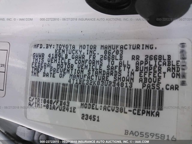 4T1BE32K03U234013 - 2003 TOYOTA CAMRY LE/XLE/SE Ağ foto 9