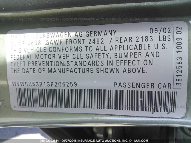 WVWRH63B13P206259 - 2003 VOLKSWAGEN PASSAT GLX 绿色 照片 9