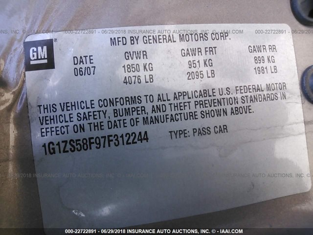 1G1ZS58F97F312244 - 2007 CHEVROLET MALIBU LS Qəhvəyi foto 9