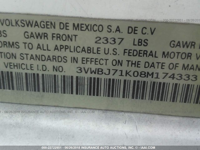 3VWBJ71K08M174333 - 2008 VOLKSWAGEN GLI თეთრი ფოტო 9