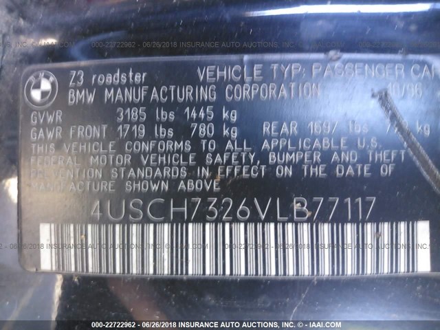 4USCH7326VLB77117 - 1997 BMW Z3 1.9 BLACK photo 9