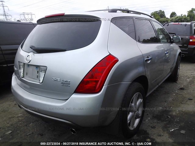 JN8AZ08W24W331673 - 2004 NISSAN MURANO SL/SE SILVER photo 4