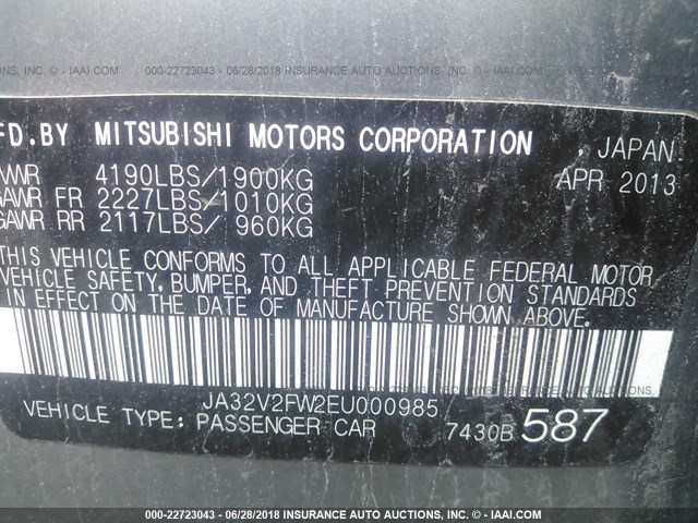 JA32V2FW2EU000985 - 2014 MITSUBISHI LANCER SE GRAY photo 9