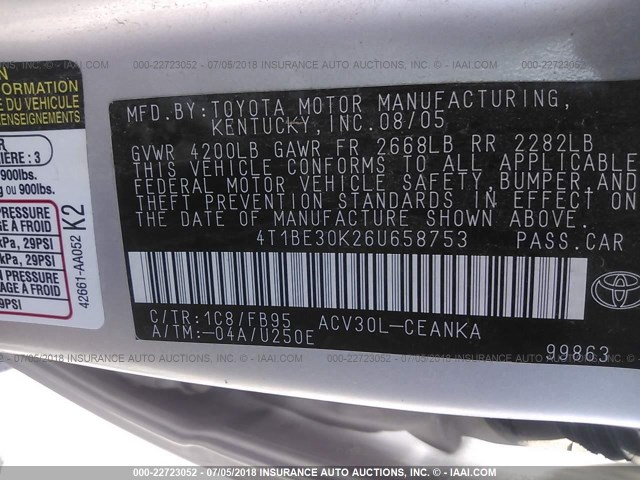 4T1BE30K26U658753 - 2006 TOYOTA CAMRY LE/XLE/SE Gümüş foto 9