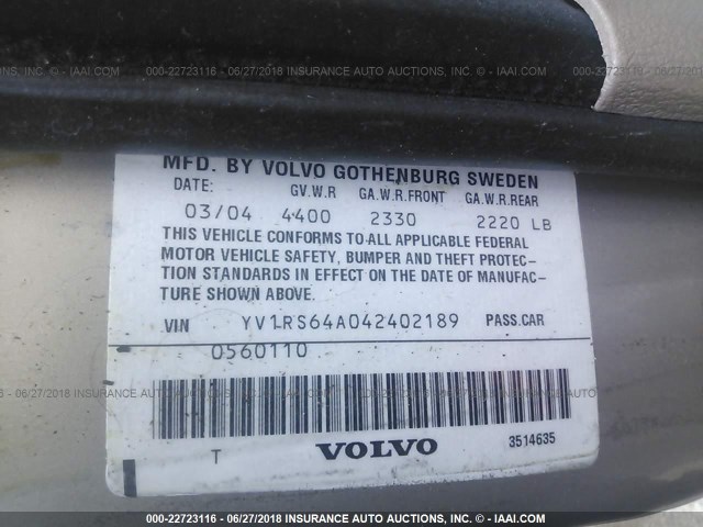 YV1RS64A042402189 - 2004 VOLVO S60 Bej fotoğraf 9