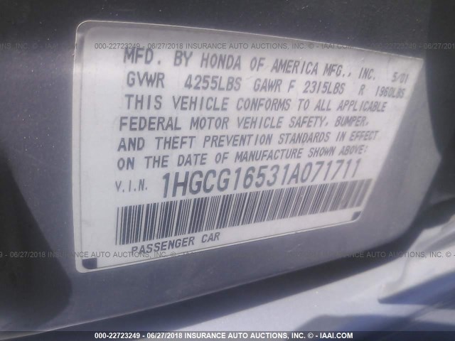 1HGCG16531A071711 - 2001 HONDA ACCORD EX GRAY photo 9