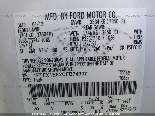 1FTFX1EF2CFB74307 - 2012 FORD F150 SUPER CAB WHITE photo 9
