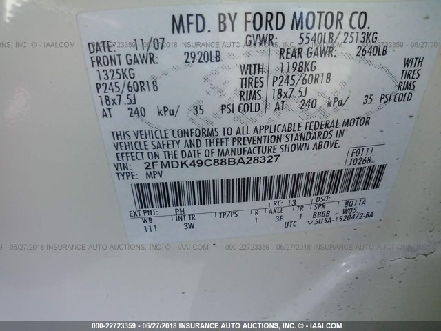 2FMDK49C88BA28327 - 2008 FORD EDGE LIMITED WHITE photo 9