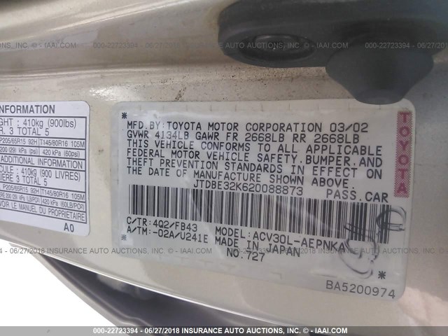 JTDBE32K620088873 - 2002 TOYOTA CAMRY LE/XLE/SE 金色 照片 9