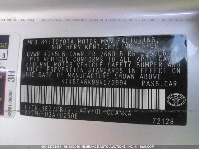 4T4BE46K99R072994 - 2009 TOYOTA CAMRY SE/LE/XLE SILVER photo 9