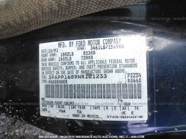 3FAPP1689NR121233 - 1992 FORD ESCORT LX-E მუქი ლურჯი ფოტო 9