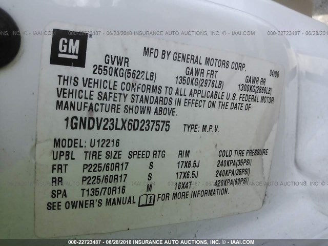 1GNDV23LX6D237575 - 2006 CHEVROLET UPLANDER LS WHITE photo 9
