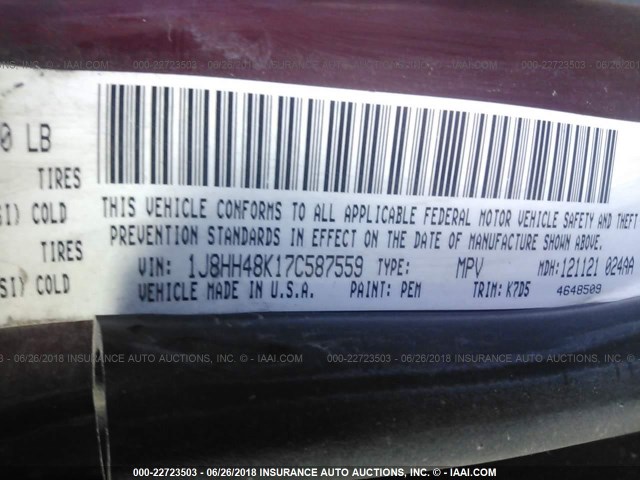 1J8HH48K17C587559 - 2007 JEEP COMMANDER MAROON photo 9