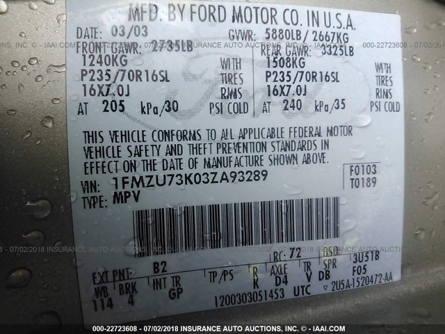 1FMZU73K03ZA93289 - 2003 FORD EXPLORER XLT/XLT SPORT/NBX 金色 照片 9