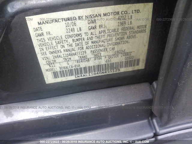 1N4AL11D46N455129 - 2006 NISSAN ALTIMA S/SL GRAY photo 9