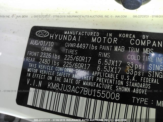 KM8JU3AC7BU155008 - 2011 HYUNDAI TUCSON GLS/LIMITED WHITE photo 9