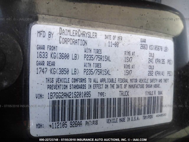 1B7GG2AN21S201095 - 2001 DODGE DAKOTA QUAD BLACK photo 9