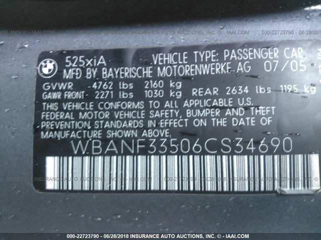 WBANF33506CS34690 - 2006 BMW 525 XI GRAY photo 9