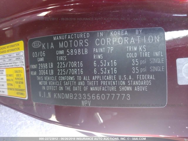 KNDMB233566077773 - 2006 KIA SEDONA EX/LX MAROON photo 9