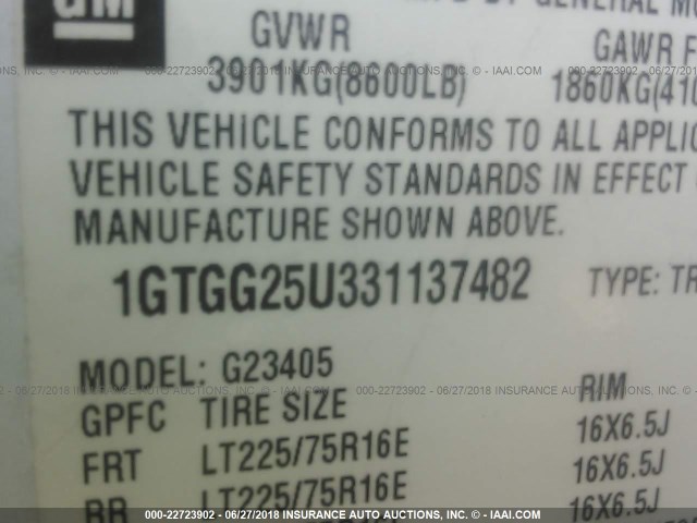 1GTGG25U331137482 - 2003 GMC SAVANA G2500 WHITE photo 9