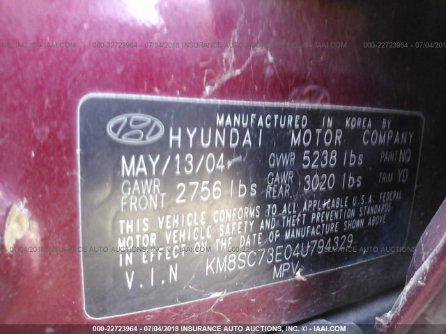 KM8SC73E04U794329 - 2004 HYUNDAI SANTA FE GLS/LX PURPLE photo 9