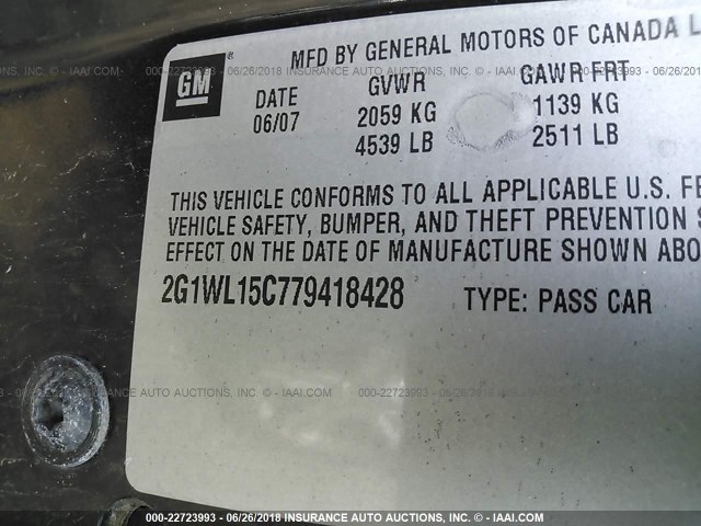 2G1WL15C779418428 - 2007 CHEVROLET MONTE CARLO SS შავი ფოტო 9