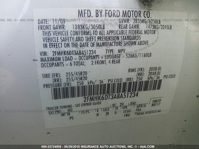 2FMHK6DT3ABA51234 - 2010 FORD FLEX LIMITED WHITE photo 9