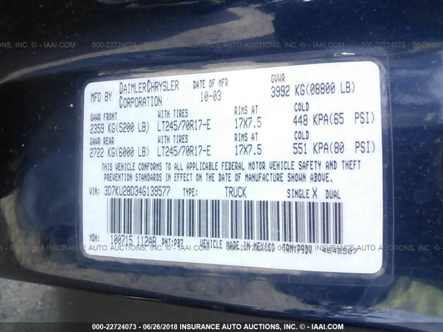 3D7KU28D34G139577 - 2004 DODGE RAM 2500 ST/SLT BLUE photo 9