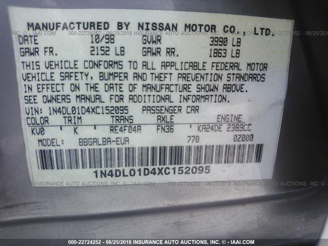 1N4DL01D4XC152095 - 1999 NISSAN ALTIMA XE/GXE/SE/GLE TAN photo 9