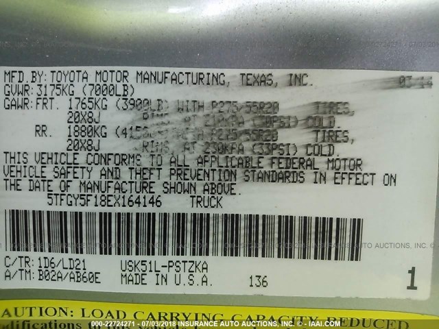 5TFGY5F18EX164146 - 2014 TOYOTA TUNDRA CREWMAX PLATINUM Silber Foto 9